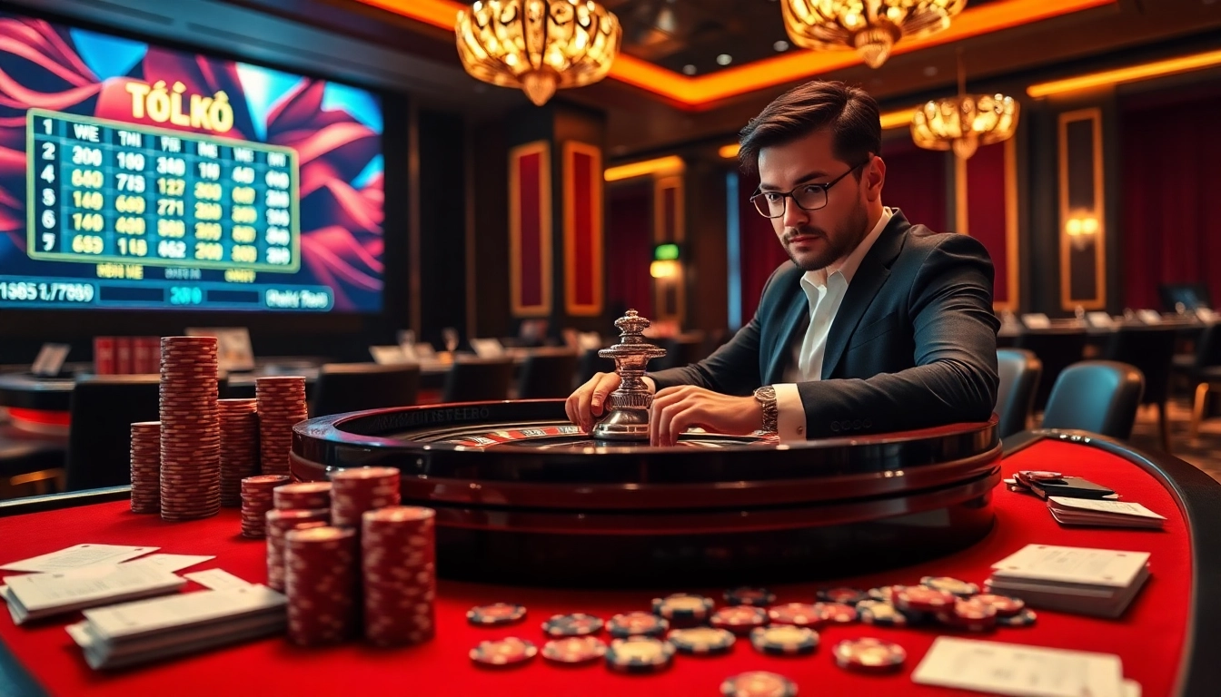 Gambler analyzing tỷ lệ kèo while placing bets at a luxurious roulette table.