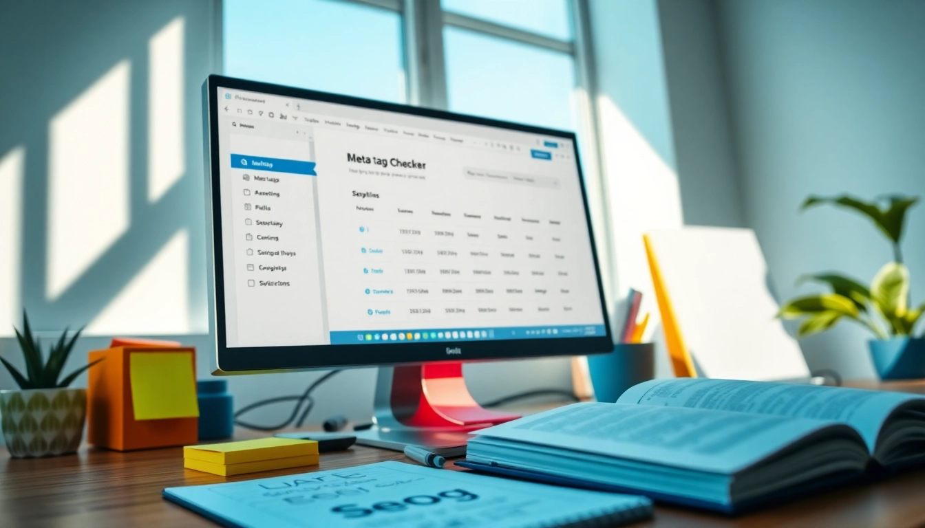 Using a meta tags checker tool on a computer in a dynamic marketing workspace.