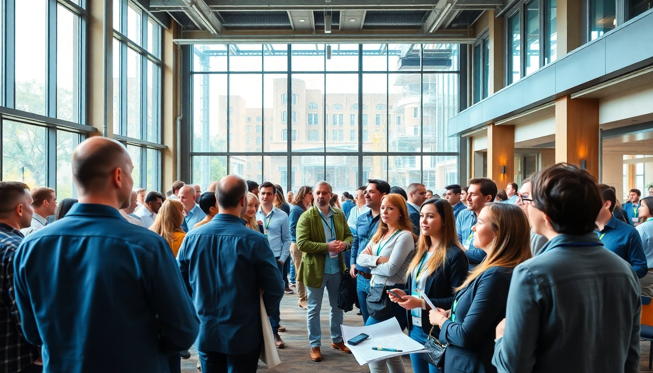 Engaging construction networking scene showcasing professionals collaborating in a modern conference setting.