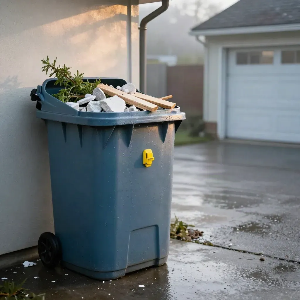 Slate-blue skip bin beside a wet garage at dawn, filled with plaster, timber and branches.