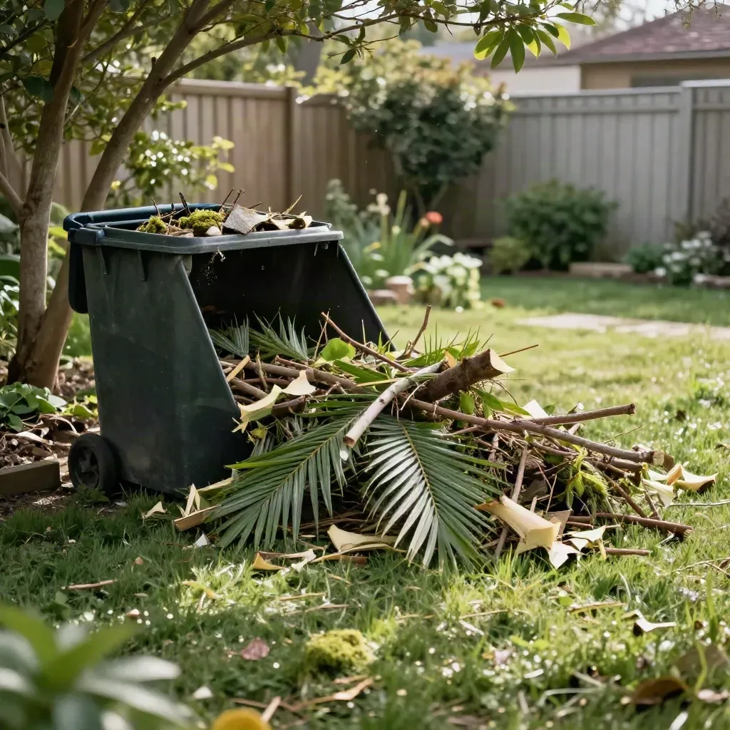 Open skip beside a fresh green garden-waste pile in a sunlit backyard