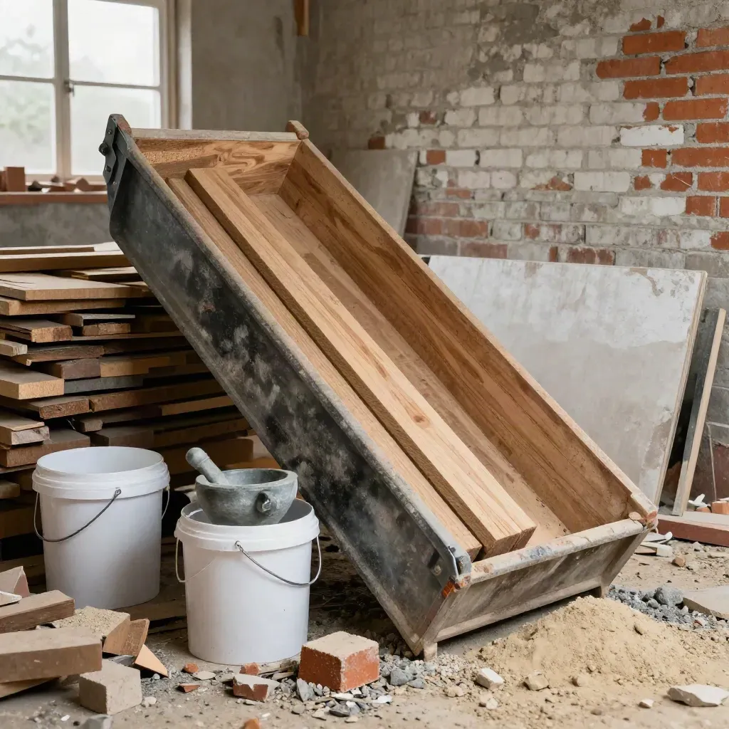 Compact builder’s skip beside timber, buckets and a half-built brick wall on a dusty site.
