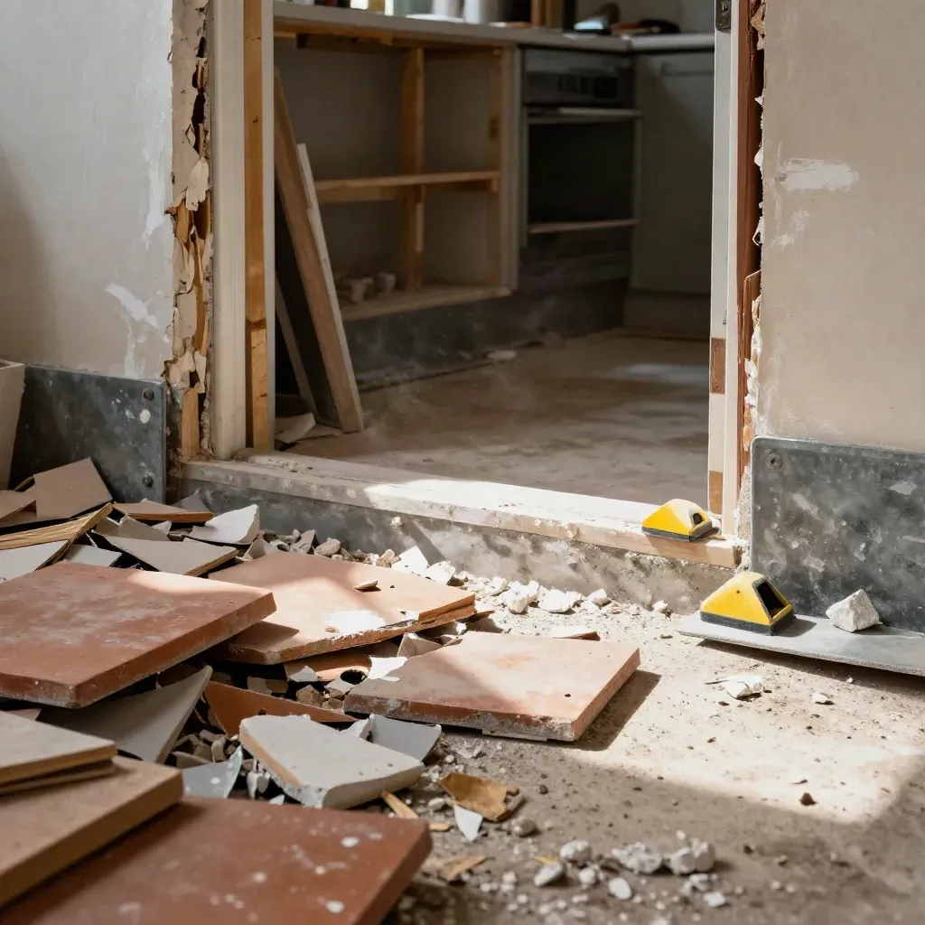 Renovation skip brimming with tiles and timber outside a stripped kitchen doorway