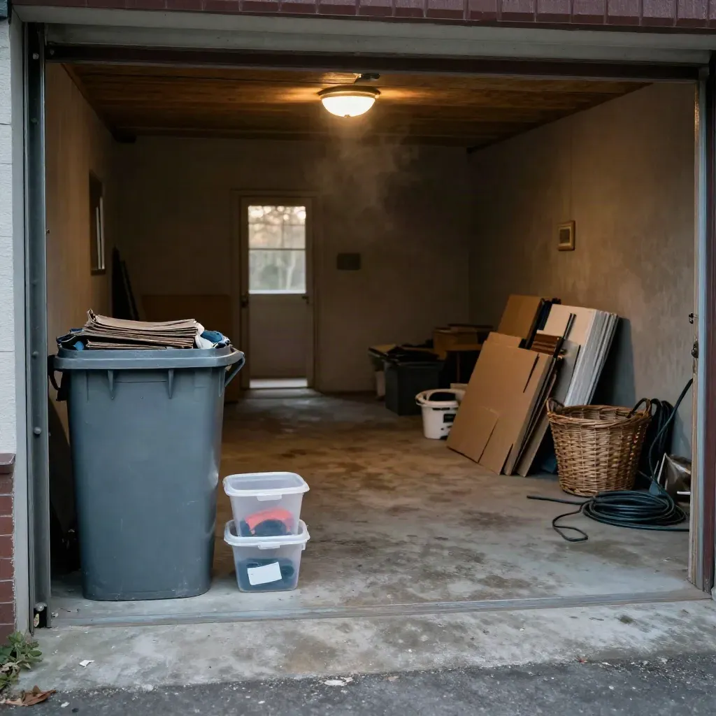 Nearly empty garage with last household clutter in clear tubs beside a slate-blue skip bin.