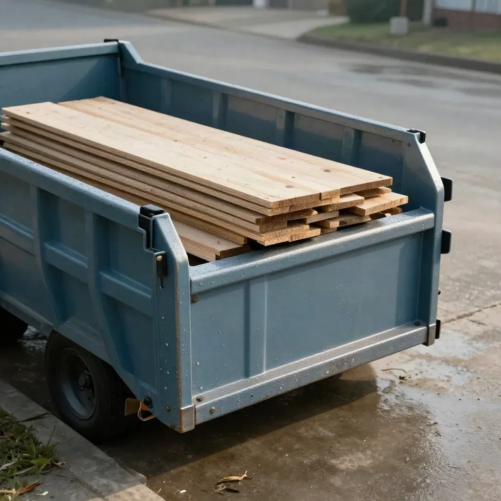 Slate-blue skip on a damp driveway with door slabs, cartons, and timber offcuts.