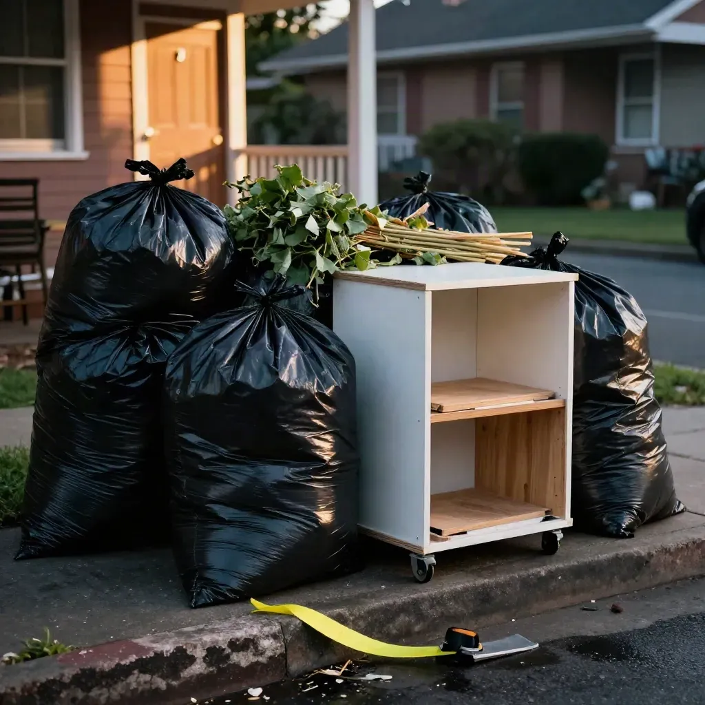 Curbside rubbish bags, broken shelving and tied green waste staged for pickup at dusk.