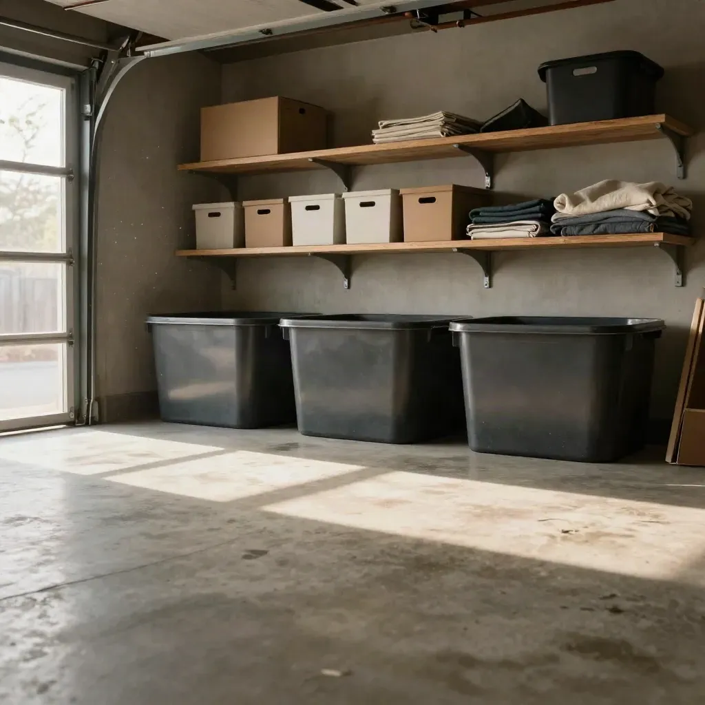 Empty double garage with three storage tubs, exposed shelves, and a cleared concrete floor in warm daylight.