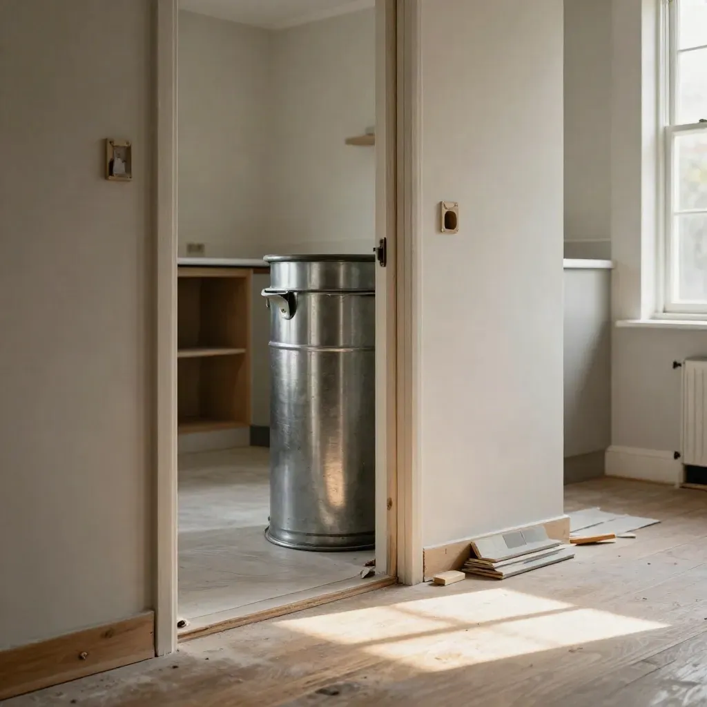Stripped kitchen reno shell with floor protection and a skip beyond the doorway