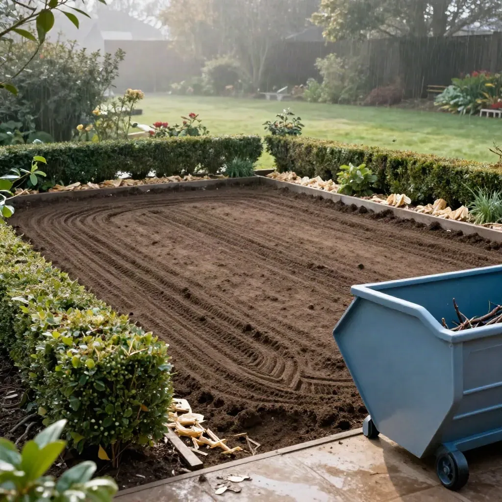 Freshly cleared backyard bed with raked soil, trimmed hedges and a skip at the edge before rain.