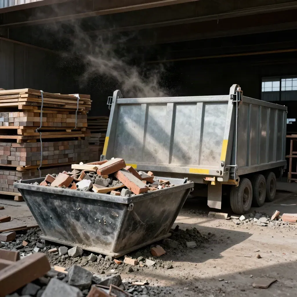 Two skips at a small build site, one full and one fresh, with timber stacks and brick packs.