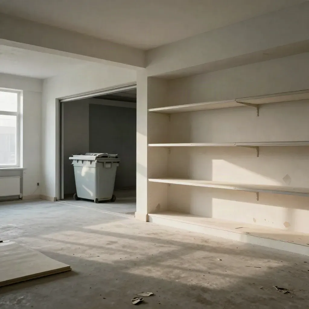 Stripped retail shell with shelving marks and a skip bin beyond the doorway.