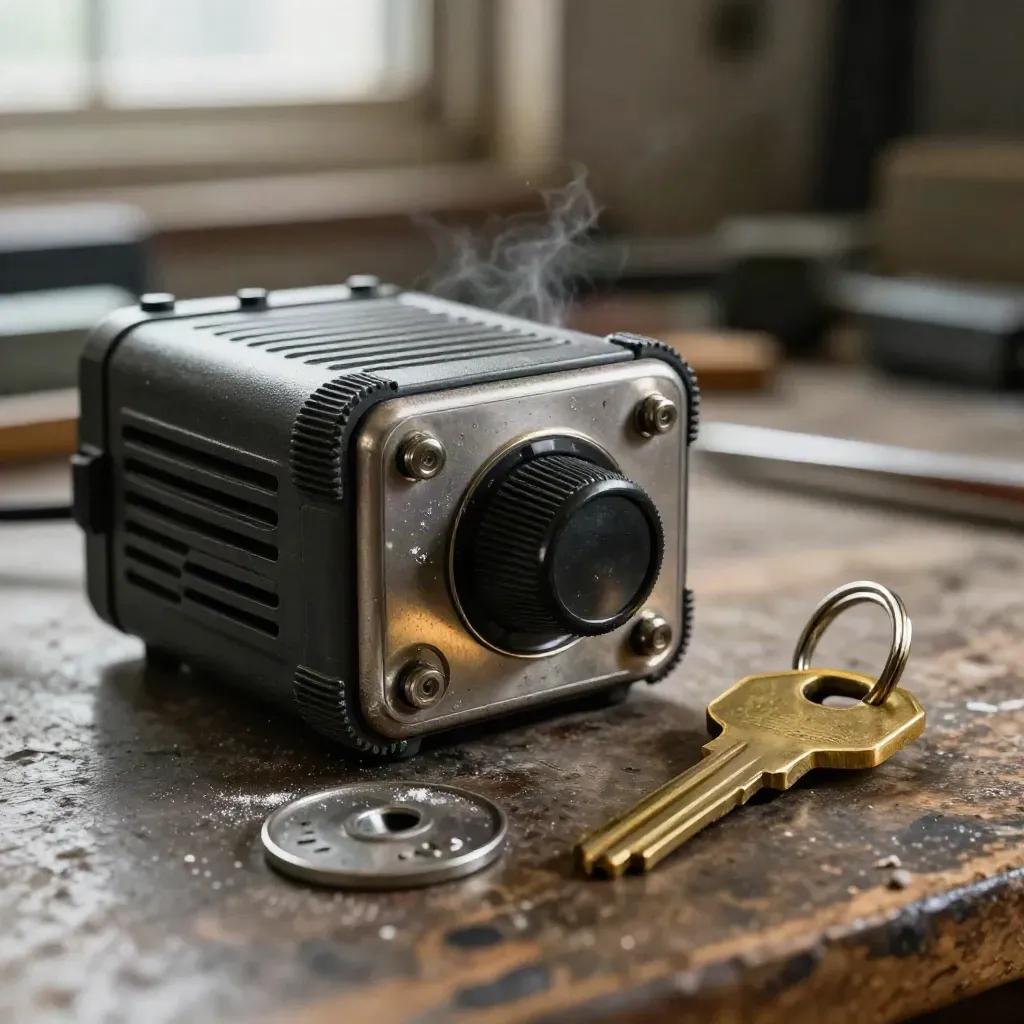 Macro of a fleet radio, brass key ring and bin token on a worn workbench.