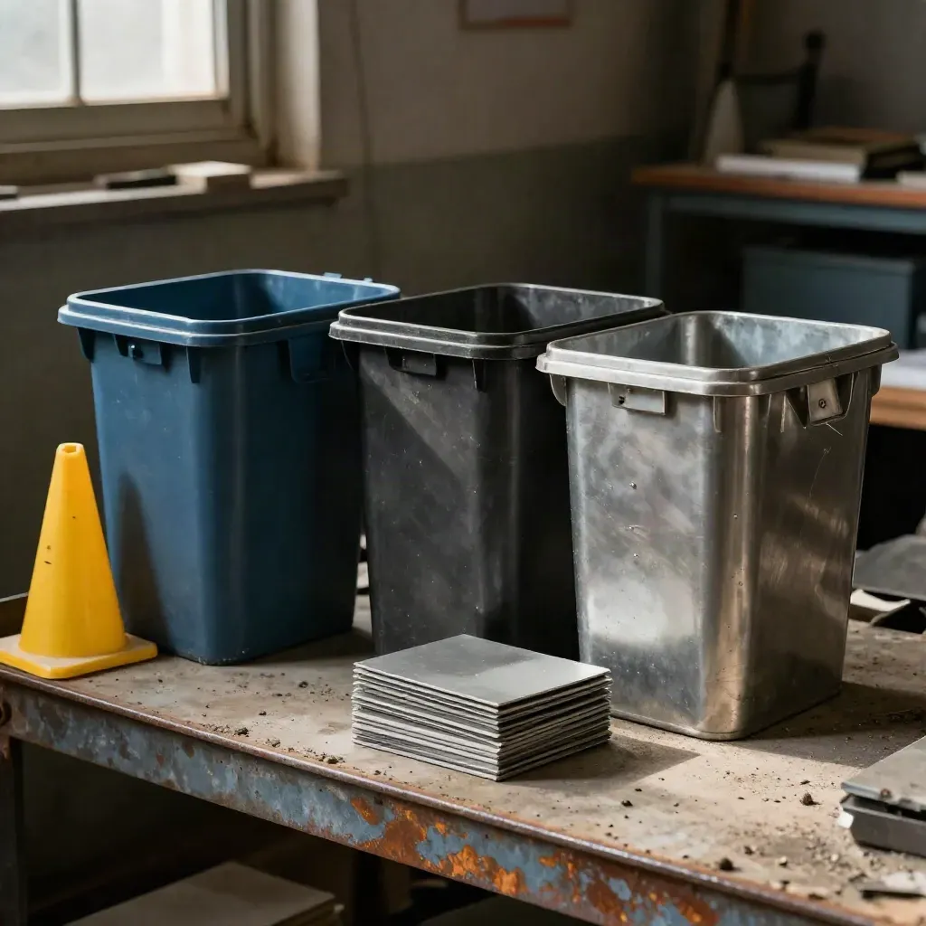 Three model skip bins, a site cone, and waste color chips on a metal shelf.