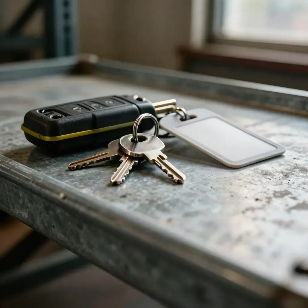Macro of clean truck keys, a dock bumper and a reflective yard tag on a warehouse shelf