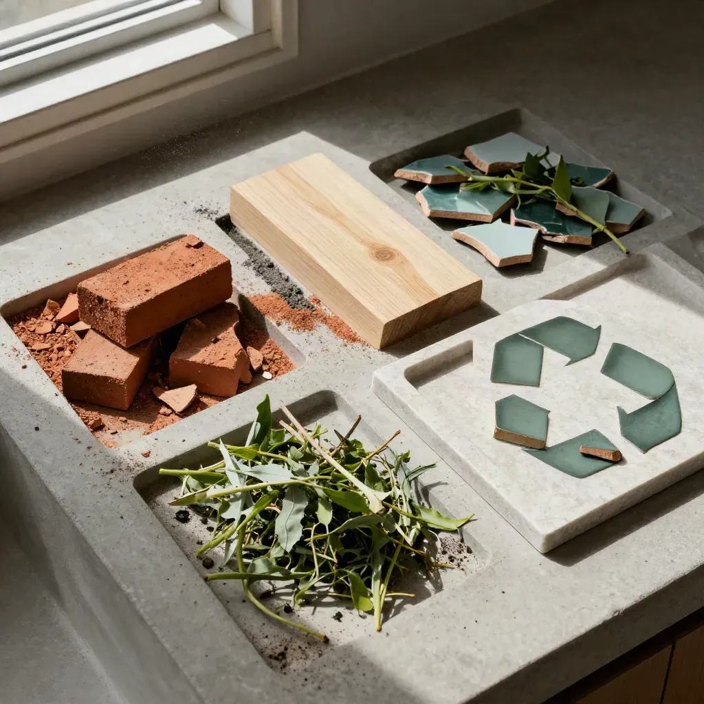 Top-down material-sorting still life of brick, timber, tile, and green clippings on concrete.