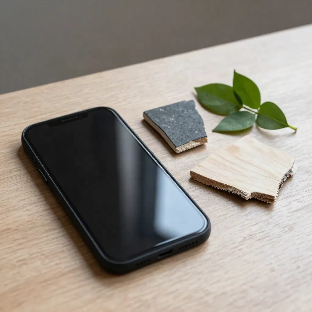 Dark-screen smartphone with tile chip, timber offcut and green sprig on pale wood.