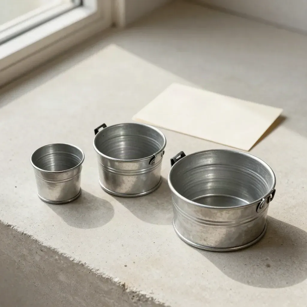 Three miniature skip bins in size order on pale concrete, top-down, softly lit.