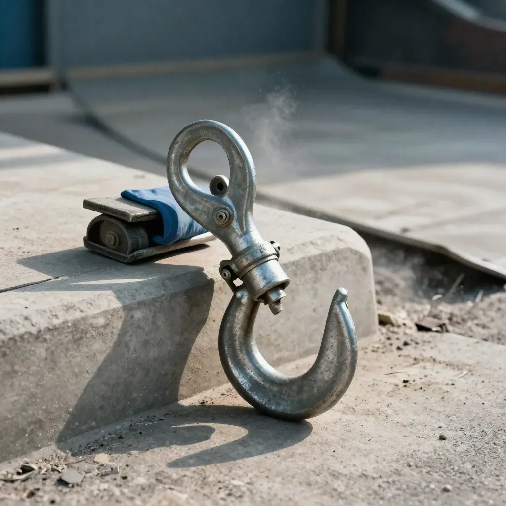 Skip hook, wheel chock and concrete kerb in a premium curbside delivery still life.