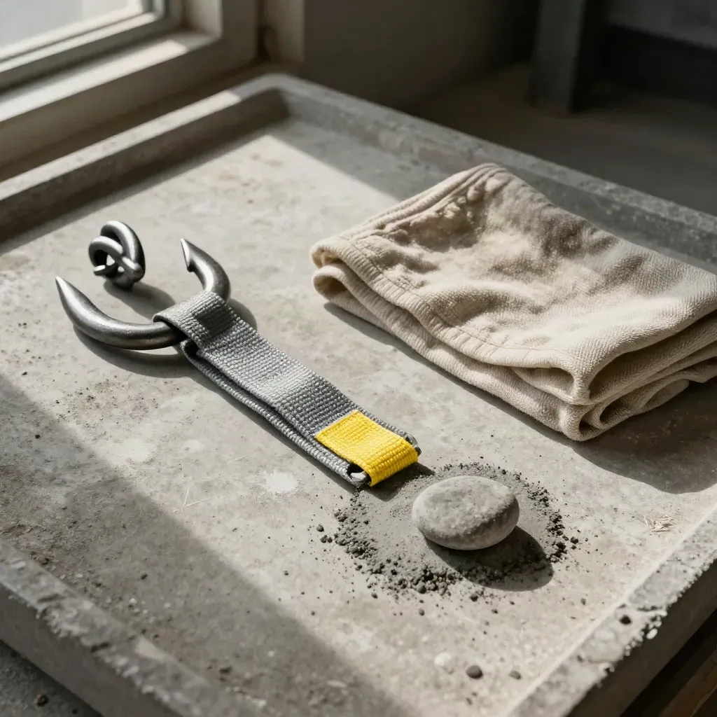 Chain hook, folded lifting strap, and swept concrete patch on a neutral tray with soft side light.