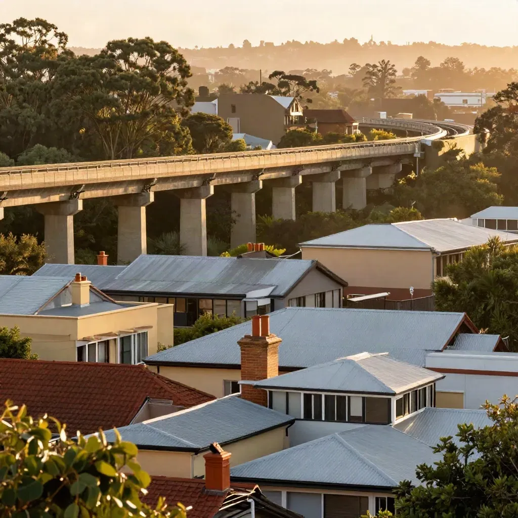 Hazy Inner West Sydney terraces and a viaduct above eucalyptus at golden hour.