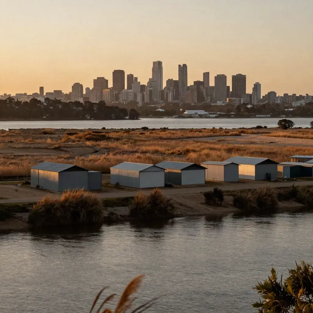 Western Sydney river flats at golden hour with distant skyline and smooth river foreground.