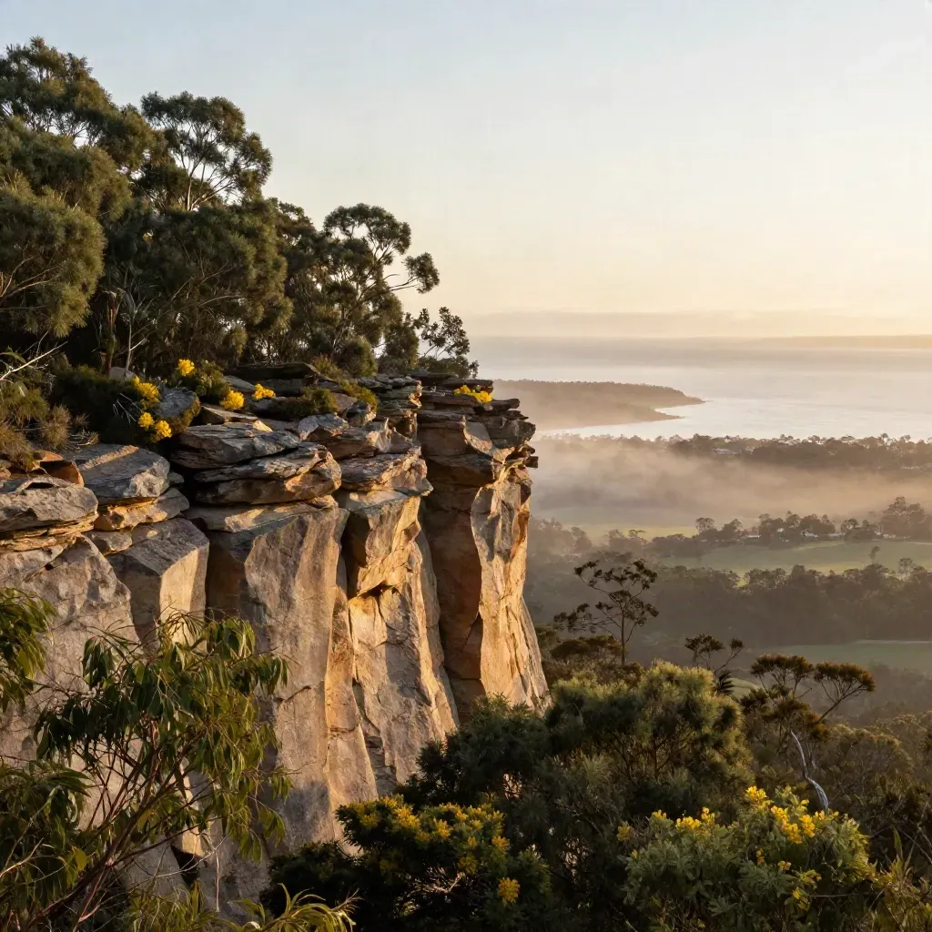 Sunrise over North Shore sandstone ridgeline with eucalyptus canopy and harbour haze.
