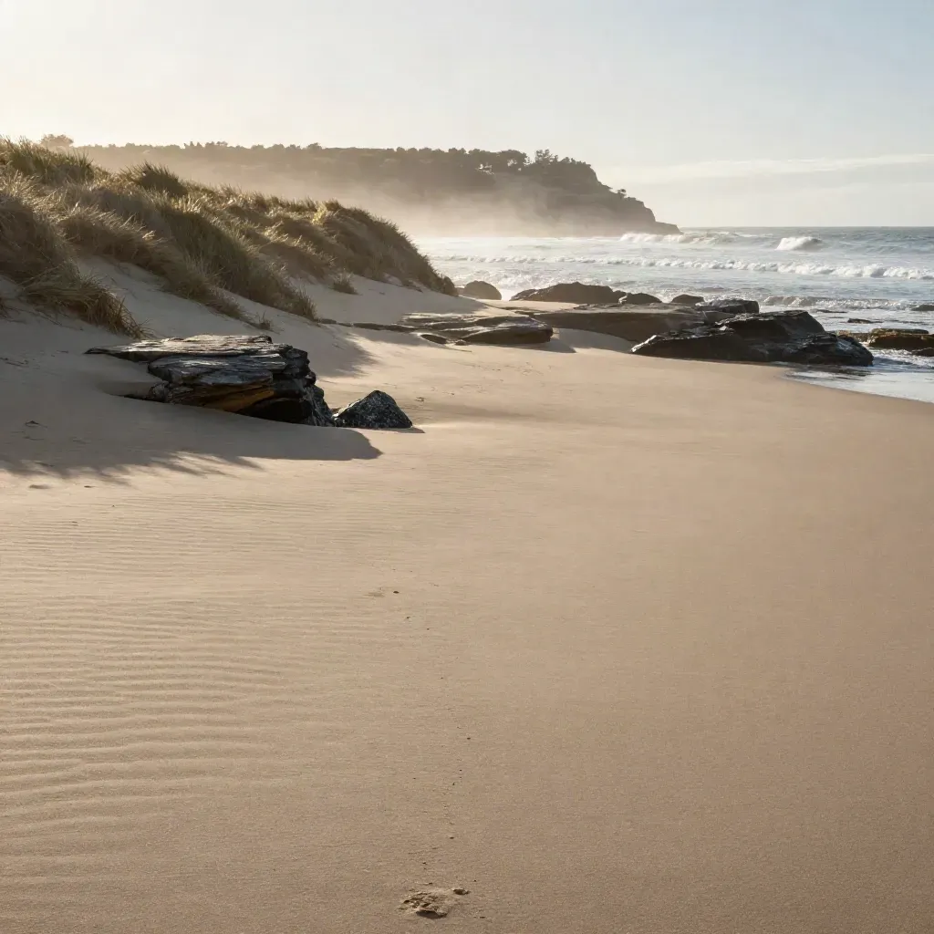 Sunlit Sutherland Shire dunes, surf line, and misty headland with open copy space
