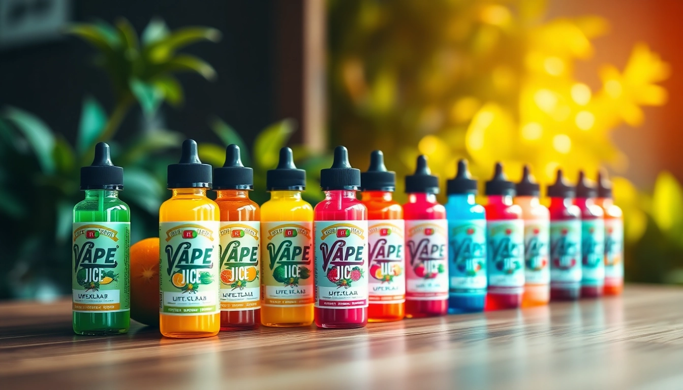 Showcase a selection of vibrant vape juice flavors from https://vapejuicedepot.com on a stylish surface.