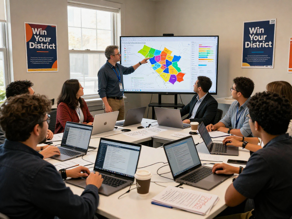 Vibrant political campaign team analyzing data in a modern workspace, an opposition research firm setting.