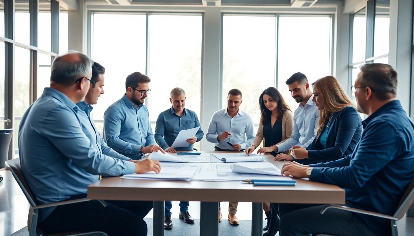 Dynamic scene showcasing construction association professionals collaborating on project plans.