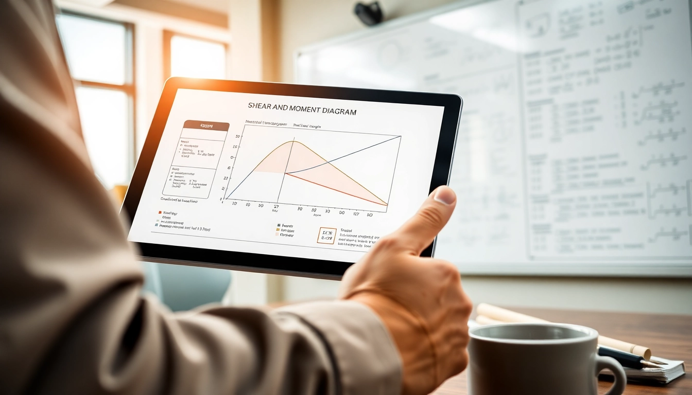 Analyze Shear and Moment Diagram on a tablet in a professional engineering office setting.
