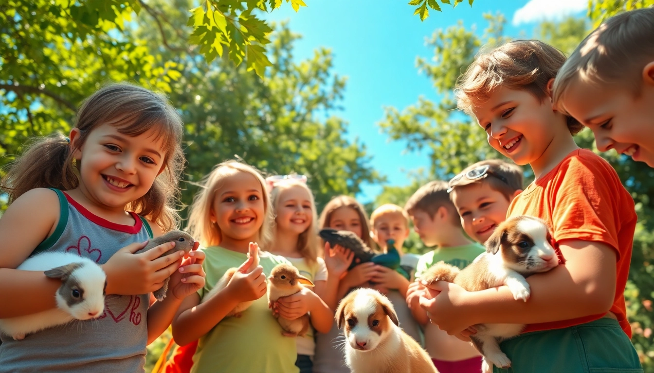 Kids engaging at animal summer camps for kids, interacting with animals and nature.