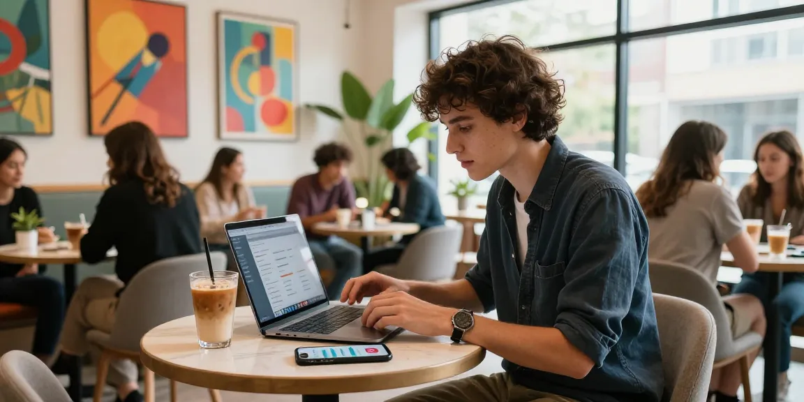 Engaging urban café setting showcasing cheap Instagram follower packages analysis, influencer evaluating social media growth.