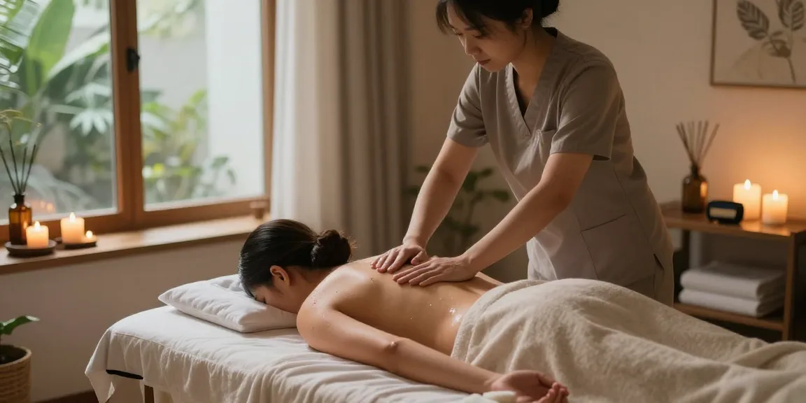 마사지로 편안한 몸을 만들고 있는 아늑한 테라피 룸 장면