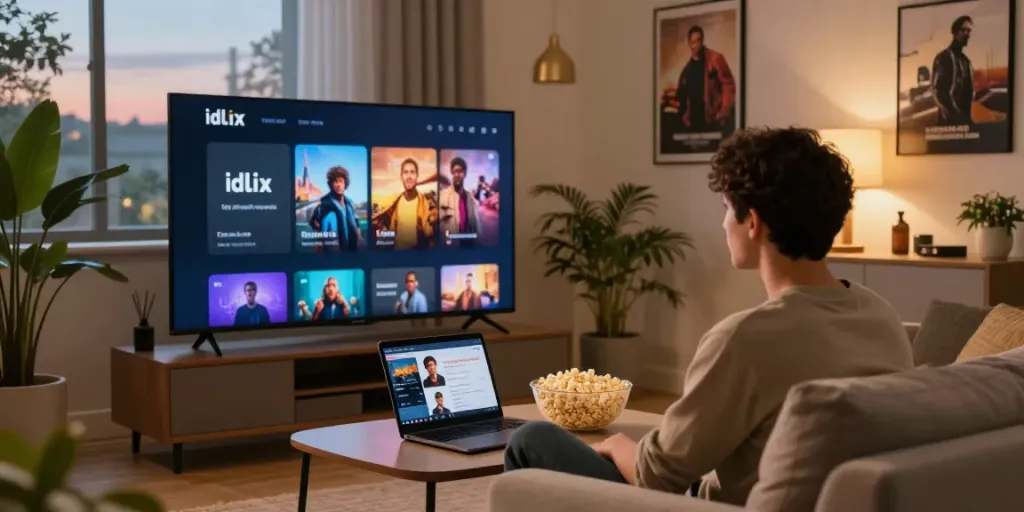 Cozy home setup for viewing idlix terbaru with popcorn and warm lighting.