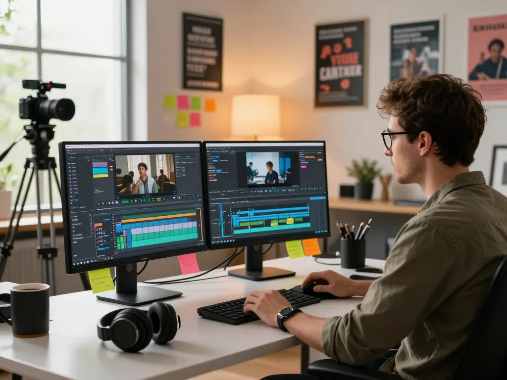 Content creator in a modern video editing studio generating video to prompt descriptions with vibrant workspace elements.