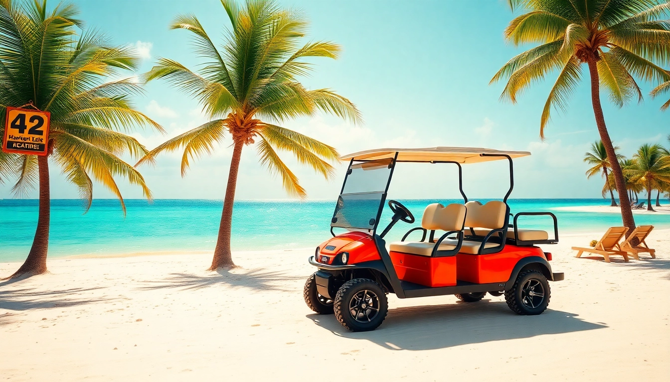 Rent a San Pedro Belize Golf Cart Rental with a vibrant 4-seater parked on a beach.