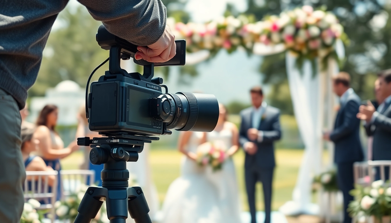 Edmonton videographer capturing a wedding scene with joyful guests and a sunny backdrop.
