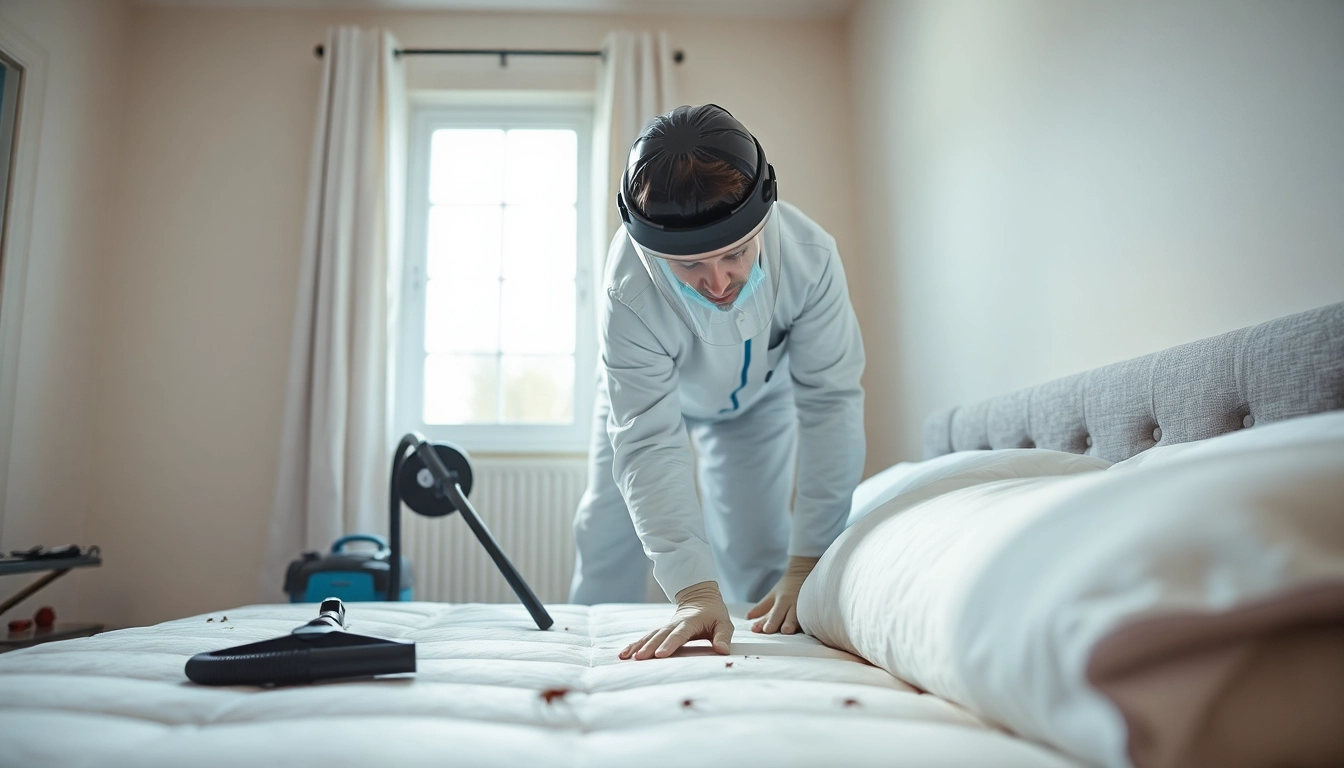 Technician conducting bed bug removal in a clean bedroom with expert tools and focused demeanor.