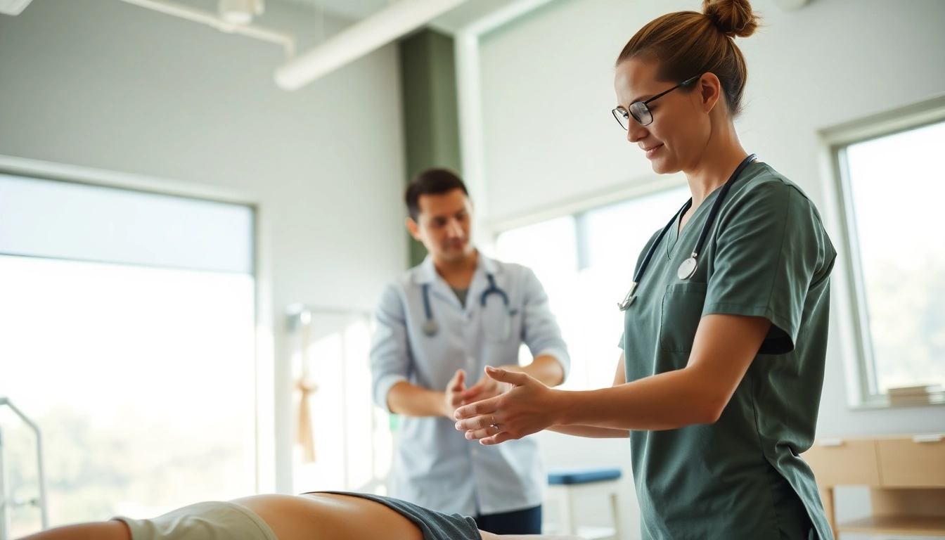 Physiotherapie: Therapeuten unterstützt Patient in moderner Klinik mit beruhigender Atmosphäre.