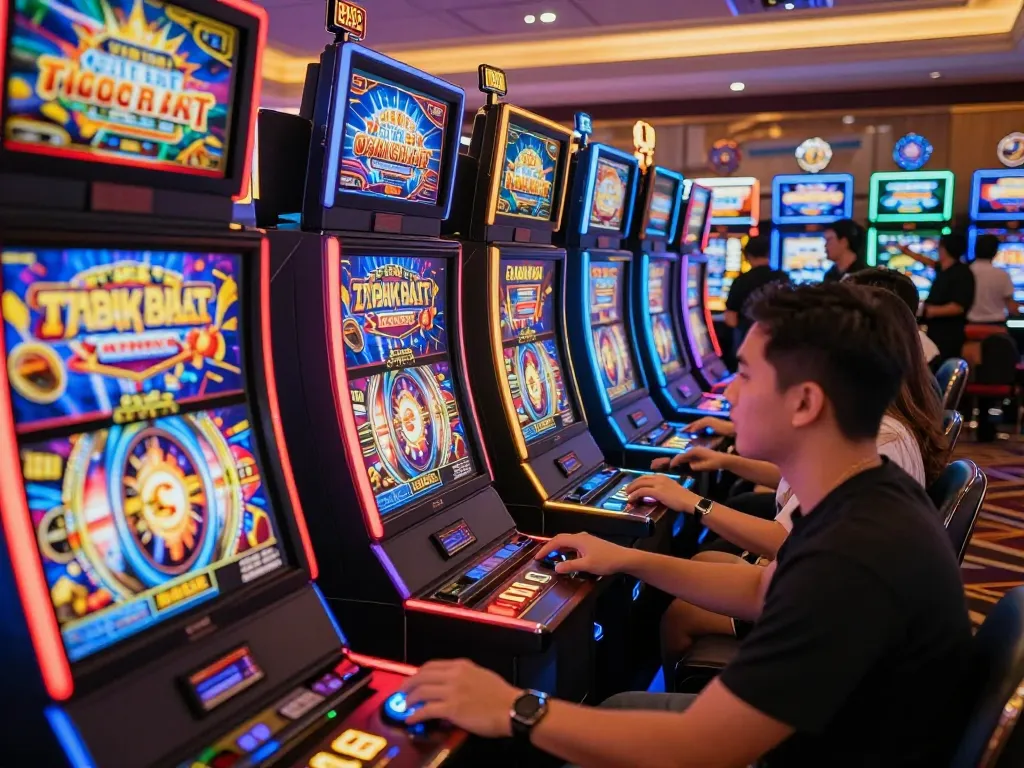 Engaged players enjoying colorful slot machines at a situs slot gacor casino floor.