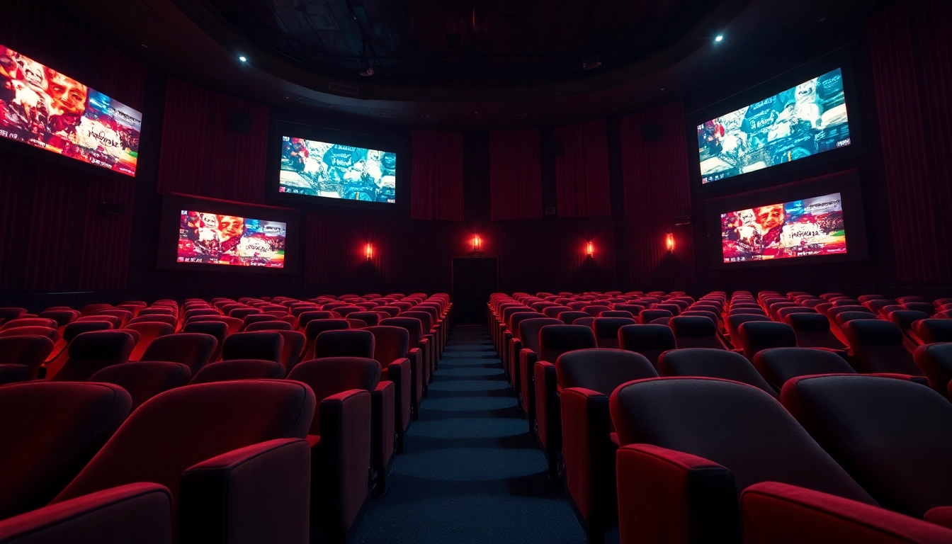 Enjoy a thrilling ดูหนัง experience in a luxurious theater setting filled with vibrant film trailers.