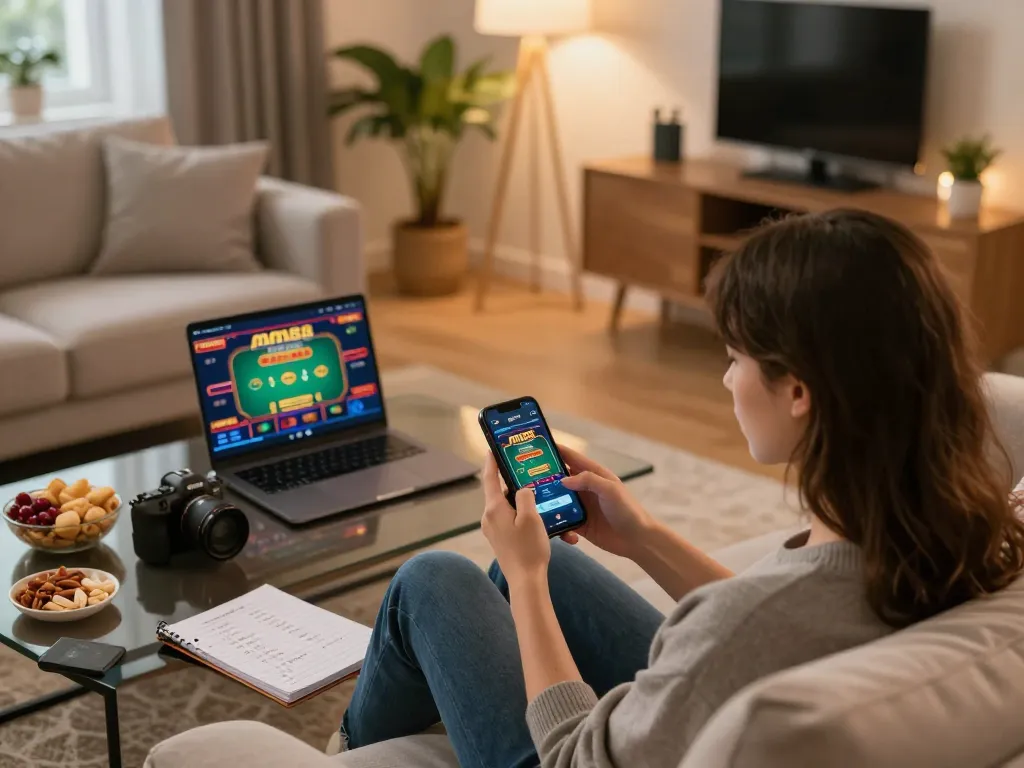 Person enjoying mobile gambling with mm88 app in a cozy living room setting, showcasing responsible gaming.