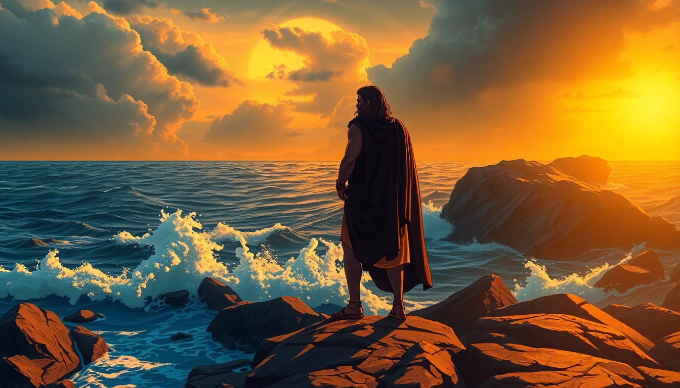 Odyssey meaning origin illustrated in a dramatic scene featuring Odysseus gazing at a stormy sea.