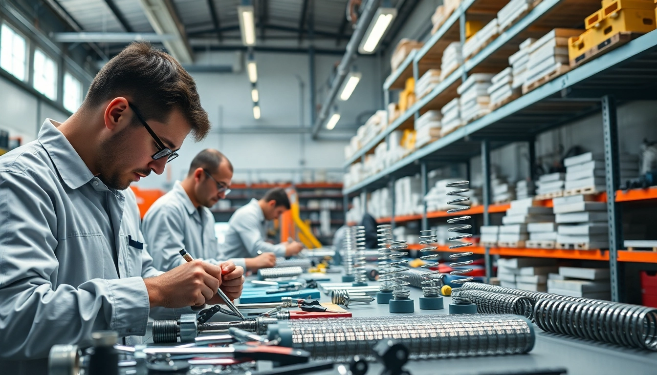 Gas Spring Manufacturer technicians assembling gas springs with precision in a bright workshop.