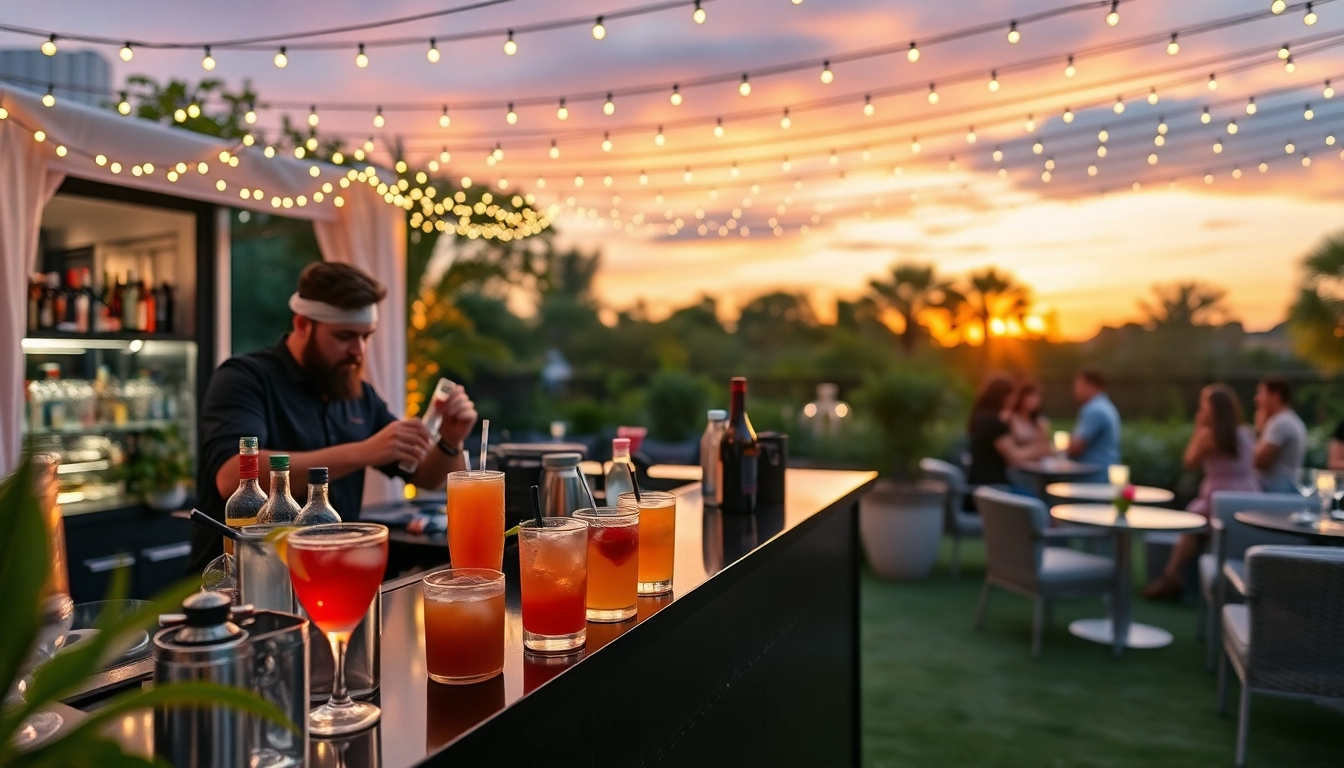 Mobile bar service setup at a stylish outdoor garden party, showcasing vibrant cocktails.