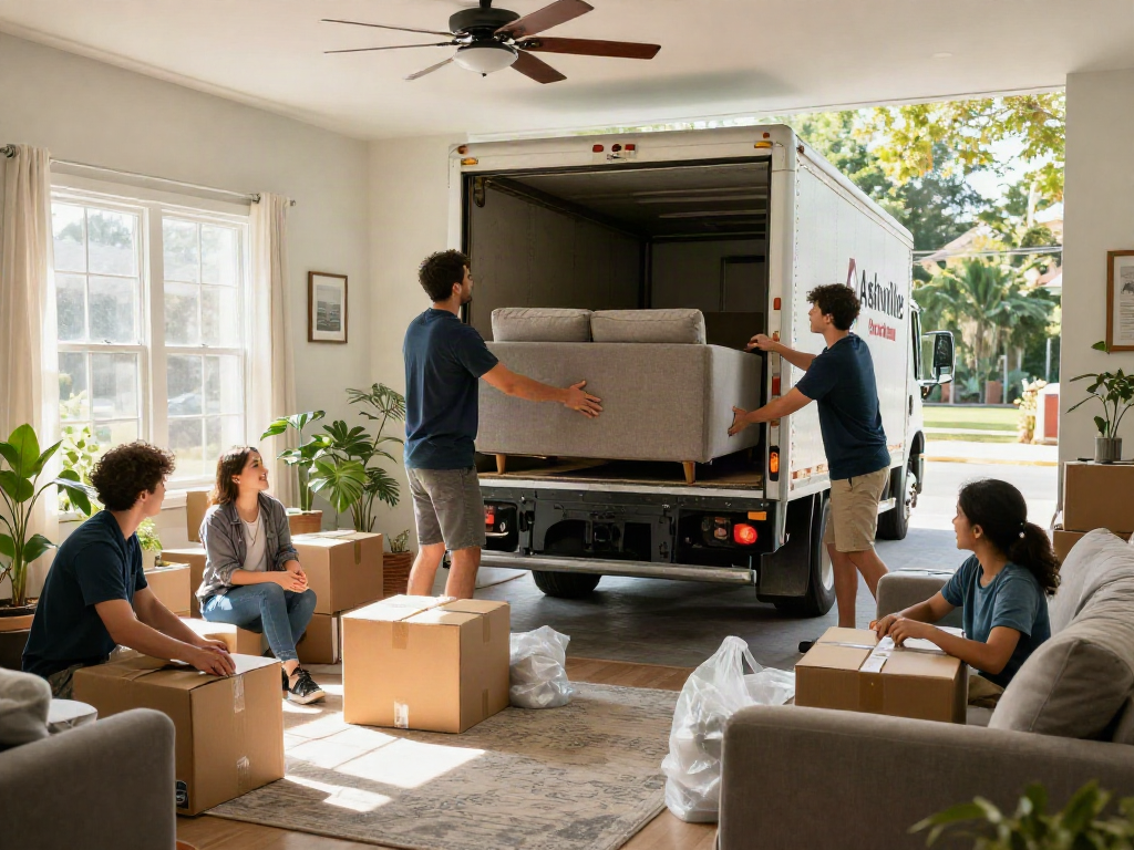 Ashville moving company team loading furniture during a residential move, showcasing a family organizing in a bright living room.