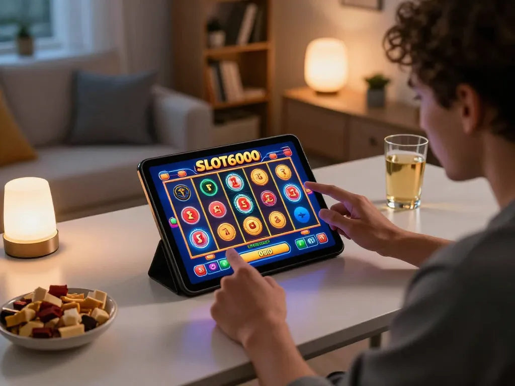SLOT6000 gaming experience on a tablet showcasing vibrant slot game interface at a cozy modern desk