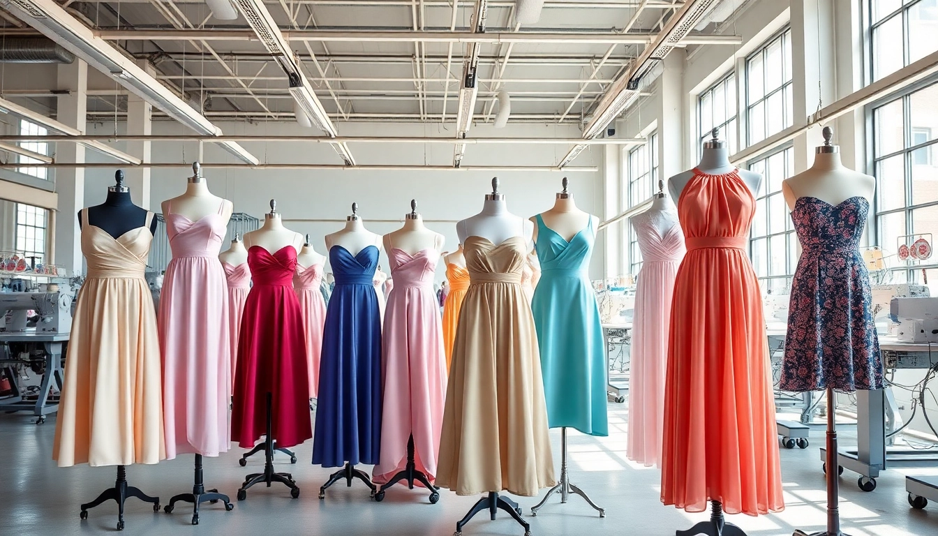 Women’s Clothing Manufacturer showcasing elegant dresses in a bright, modern factory setting.