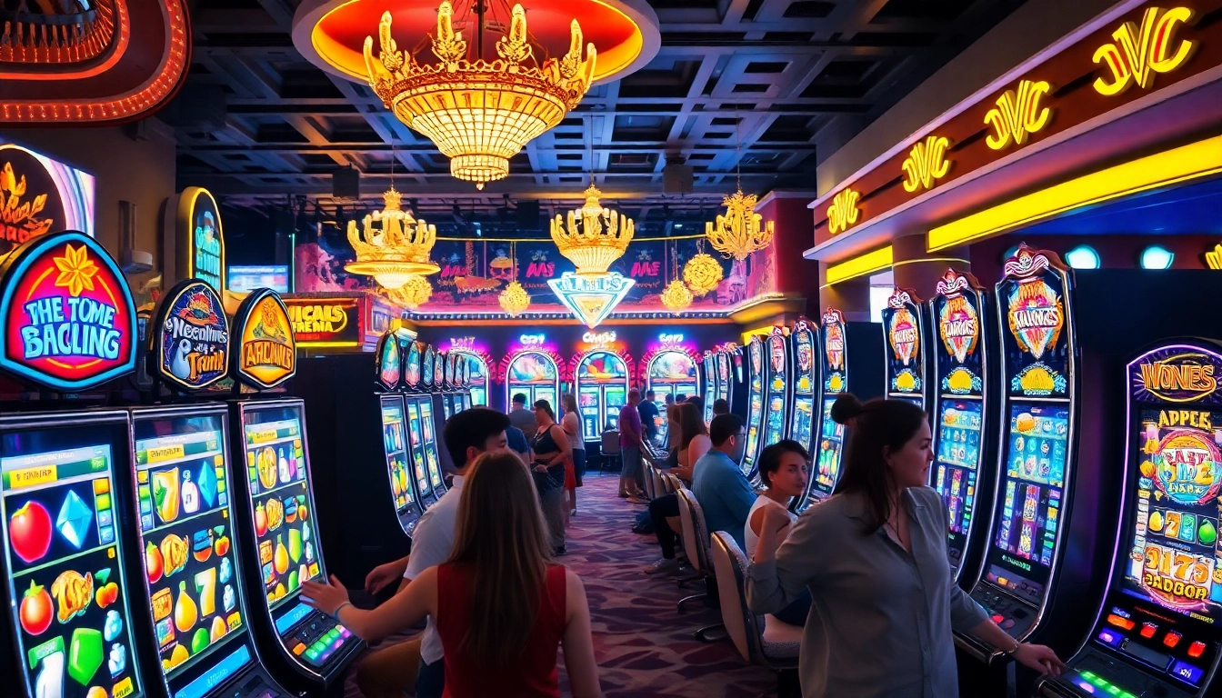 Main focus on bandar slot machines in a lively casino with players engaged in gameplay.